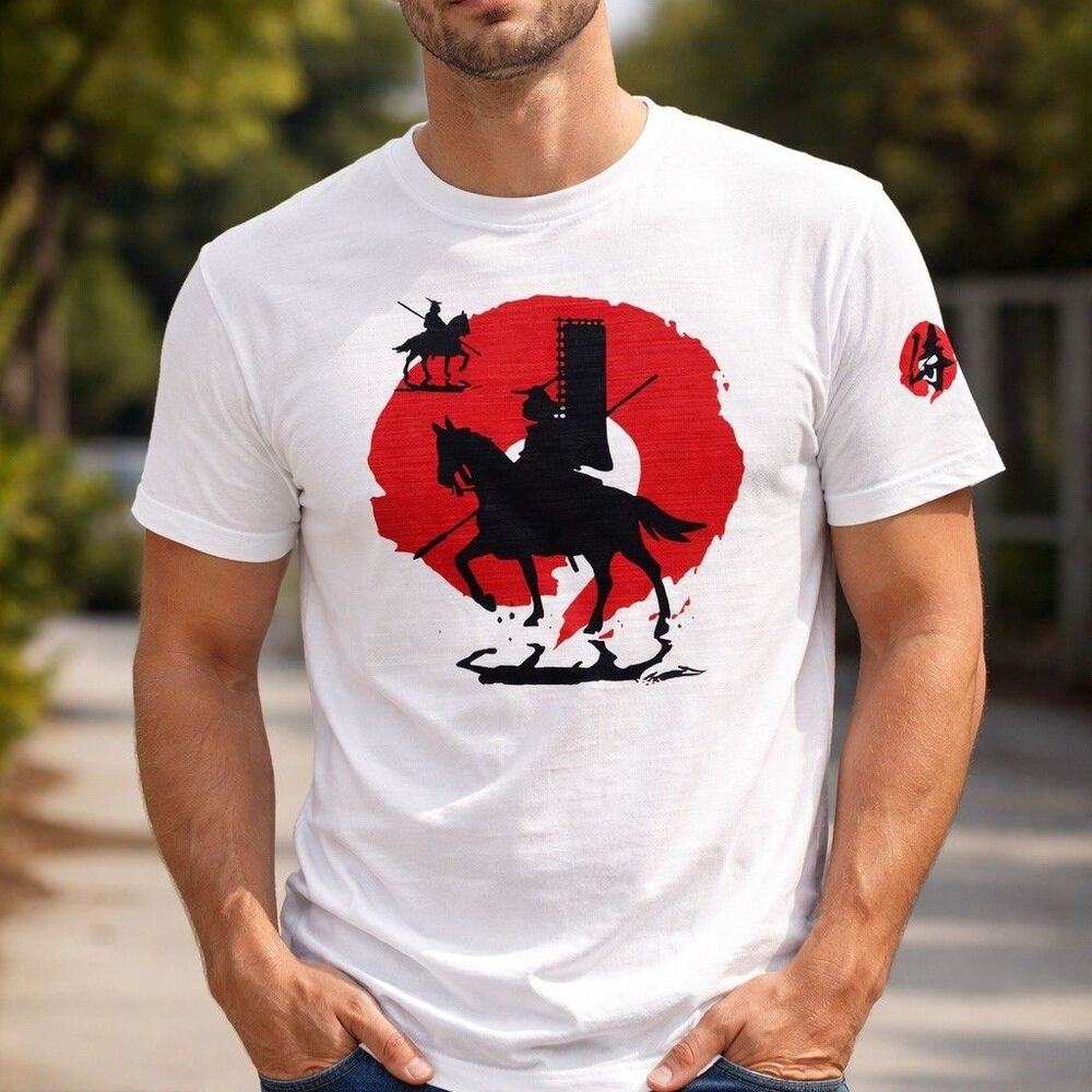 Samurai Graphic T-Shirt Unisex White Japanese Kanji Back Print Red Sun Tee XL